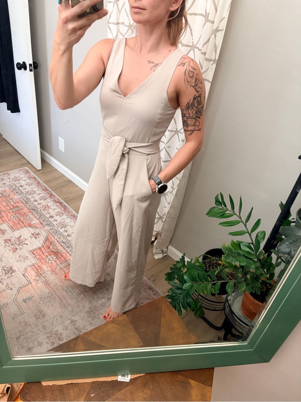 Shinestar Sleeveless V-Neck Tie-Waist Wide-Leg Jumpsuit in Light Taupe